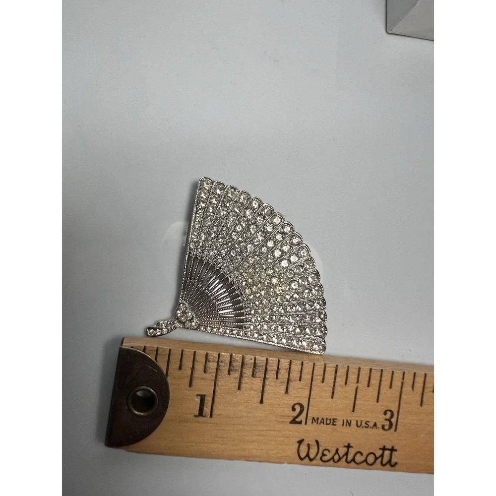 VTG ORA Rhinestone Brooch Pin Fan Shaped And Clip On Earrings Silver Ton 1950s